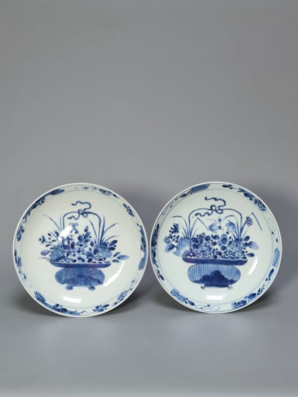 Pair of Chinese Blue and White Porcelain Dishes with Basket of Flowers Design, Kangxi Period (1662–1722)